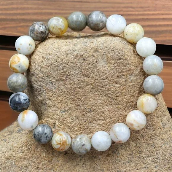 Bamboo Leaf Agate Gemstone Stretch Bracelet | Handmade - Picture 1 of 4